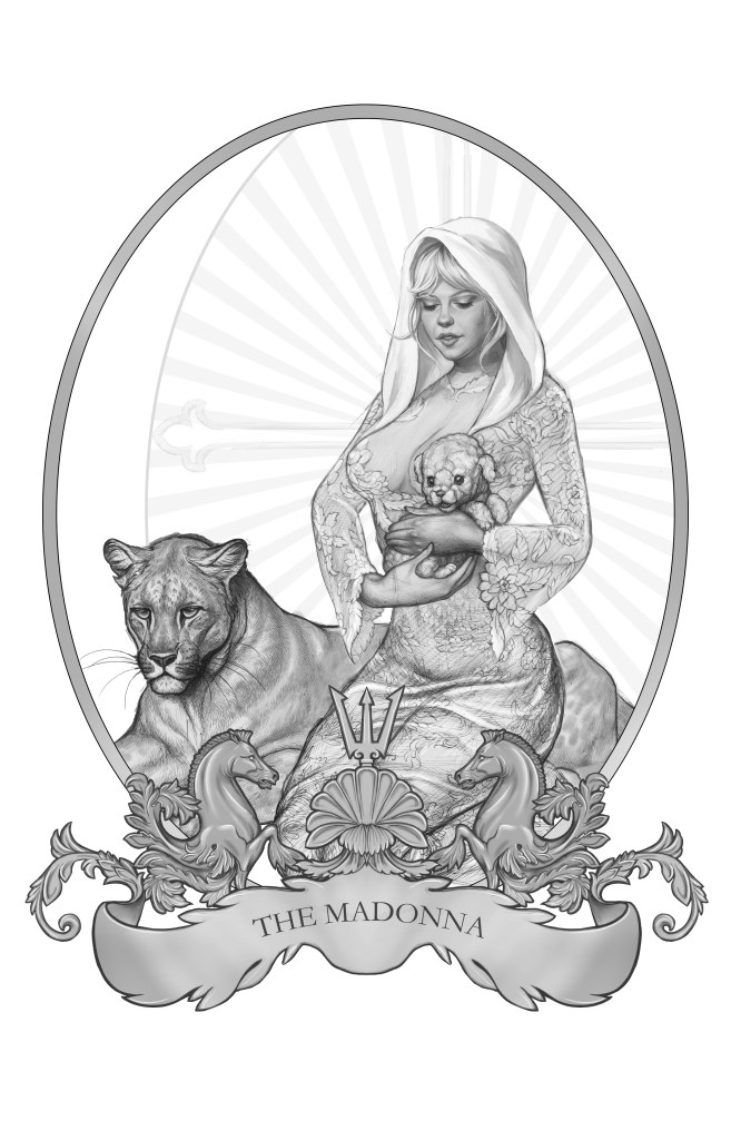 Figurative oil painting by Leonardo Pinup featuring feminine beauty and feline power figures.