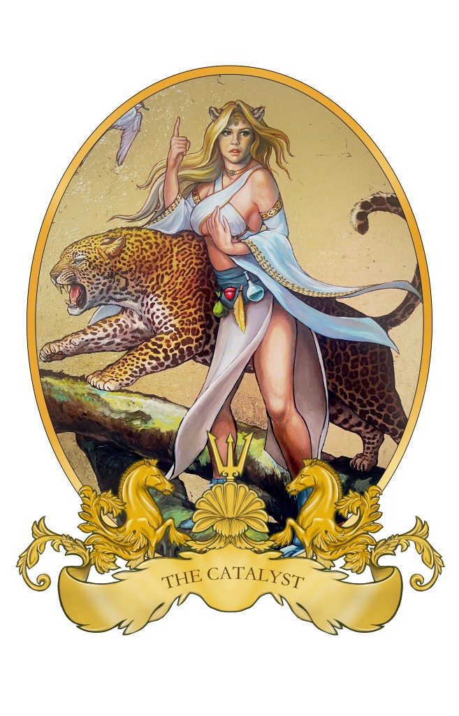 Figurative oil painting by Leonardo Pinup featuring feminine beauty and feline power figures.
