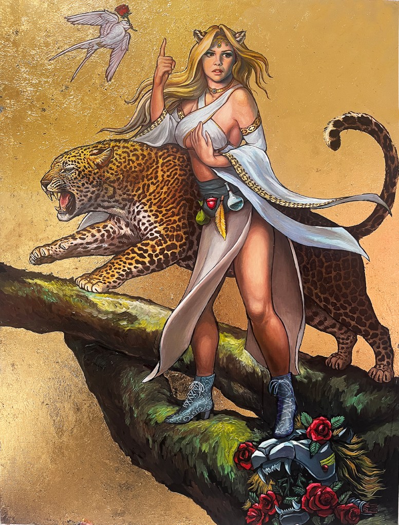 Figurative oil painting by Leonardo Pinup featuring feminine beauty and feline power figures.